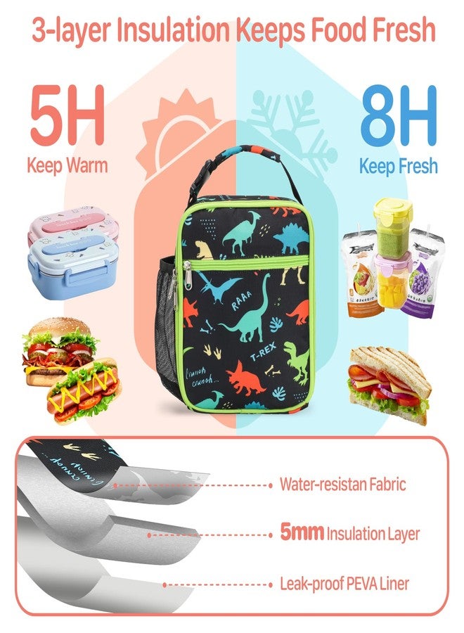 BrainyBees Kids Lunch Bag Boys - Insulated Kids Lunch Box Reusable Boys Lunchbox with Water Bottle Holder Toddler Lunch Tote Bag for School Daycare, Black Dinosaur - Image 3
